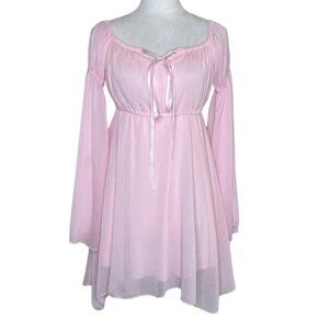 Women's Sheer Lined Balloon Flare Sleeve Mini Lace Babydoll Pink Off Shoulder S